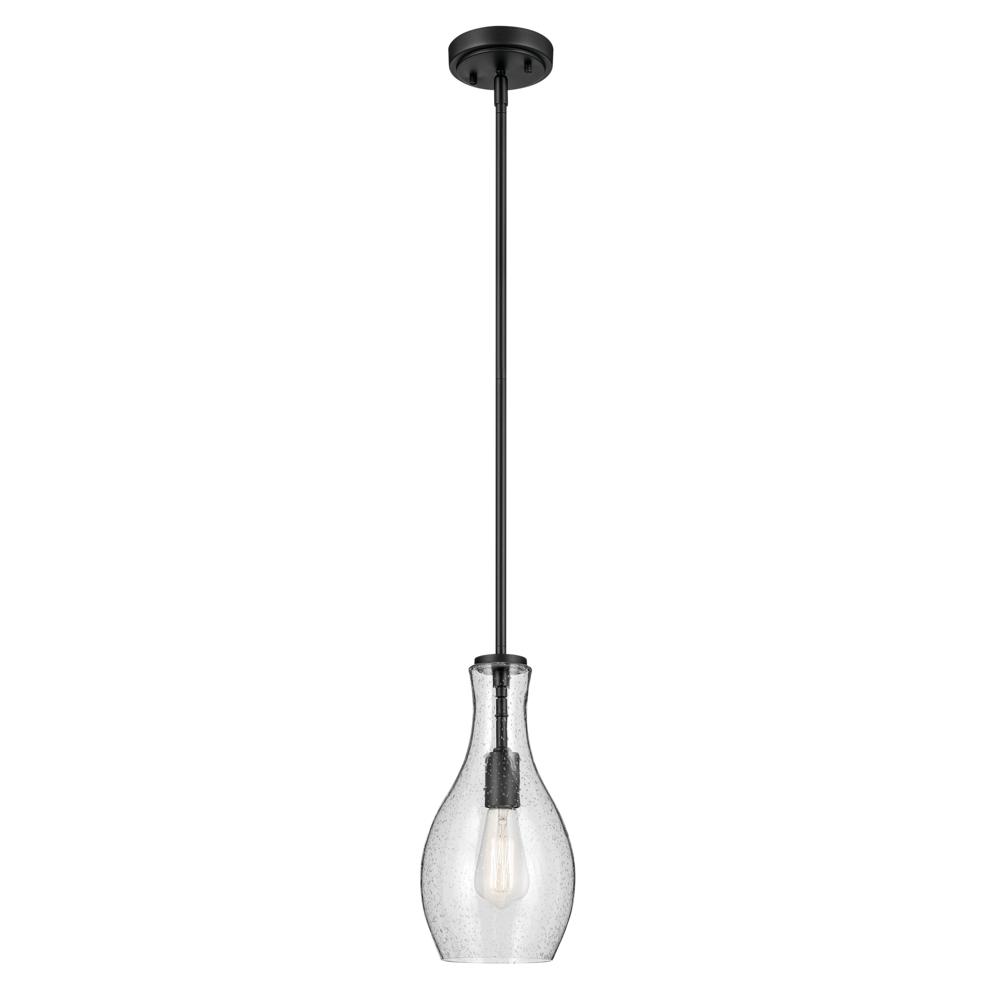 Everly 13.75 1 Light Bell Pendant with Clear Seeded Glass in Black 42456BKCS Lighting Emporium