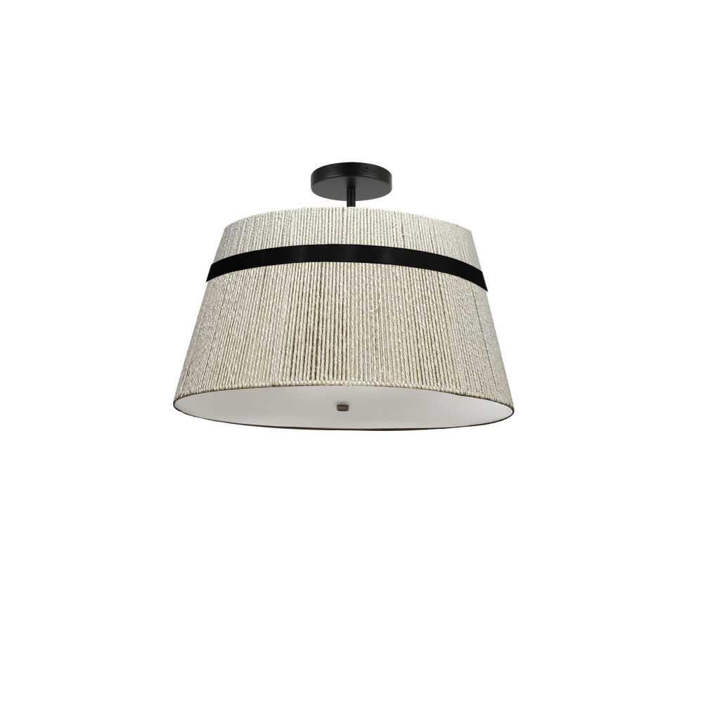 3 Light Semi-Flush Mount in Matte Black w/ Natural String Shade